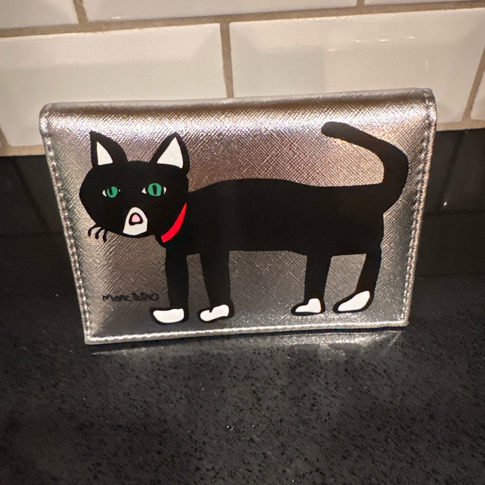 Marc Tetro Metallic Silver Passport Holder with Black Cat Motif